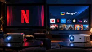 Home projector comparison featuring Netflix and Google TV, showcasing smart projectors for home theatre entertainment in Delhi.